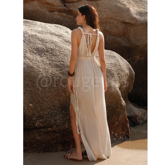 Beige Cream Viscose Greek Goddess Jumpsuit V-Neck Braided Straps Ties - Picture 2 of 14